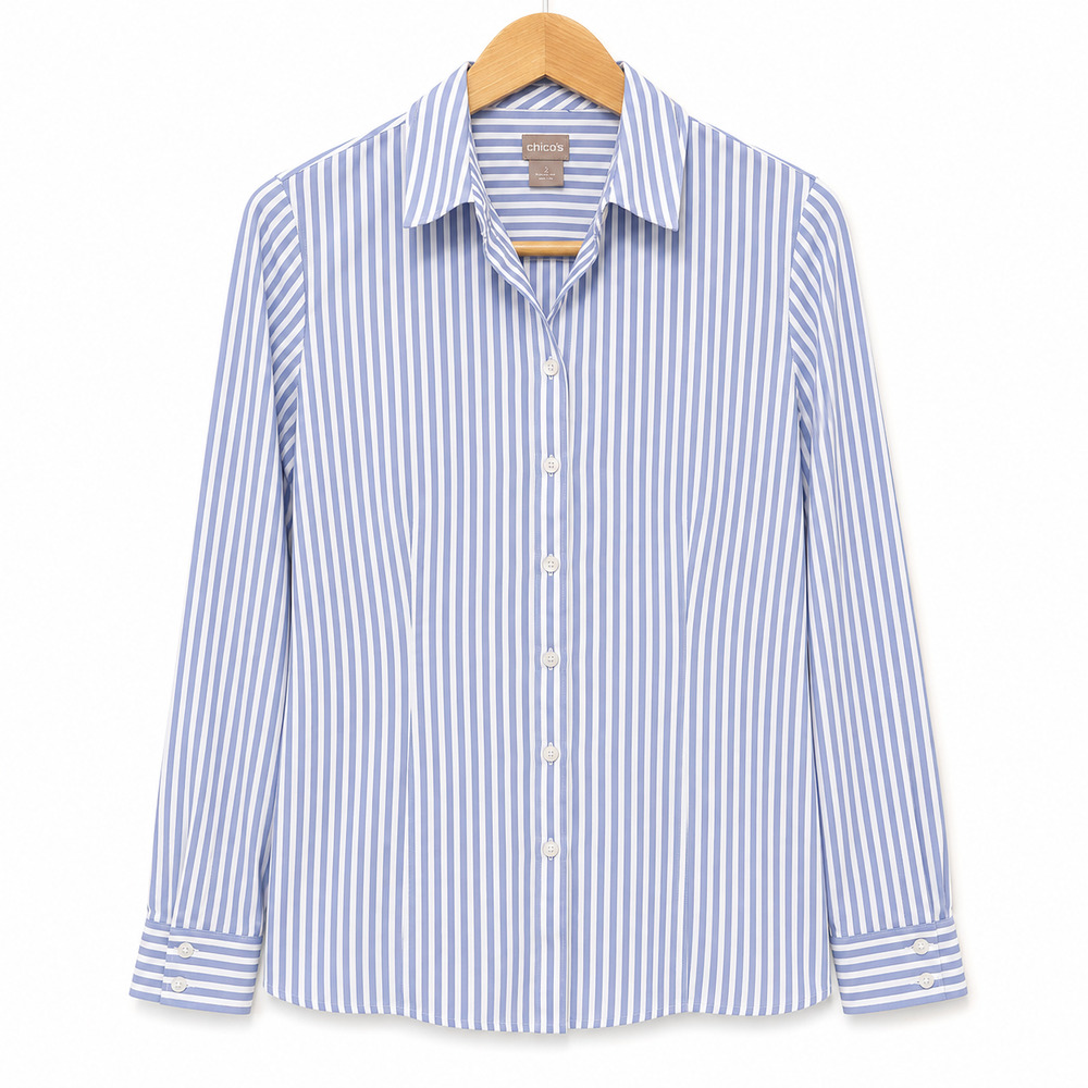 Chicos Button Up Shirt Womens Size 12/14 Blue White Stripe Cotton Blend Career